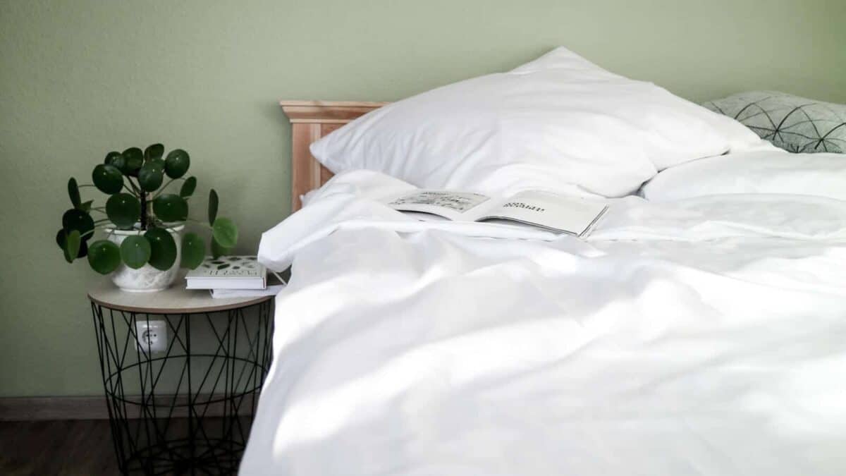 seit1832 nachhaltige Bettwäsche weiß neben Nachttisch mit Büchern und Pilea