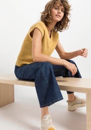 hessnatur Damen Ärmelloser Pullover aus Leinen mit Bio-Baumwolle - gelb - Größe L