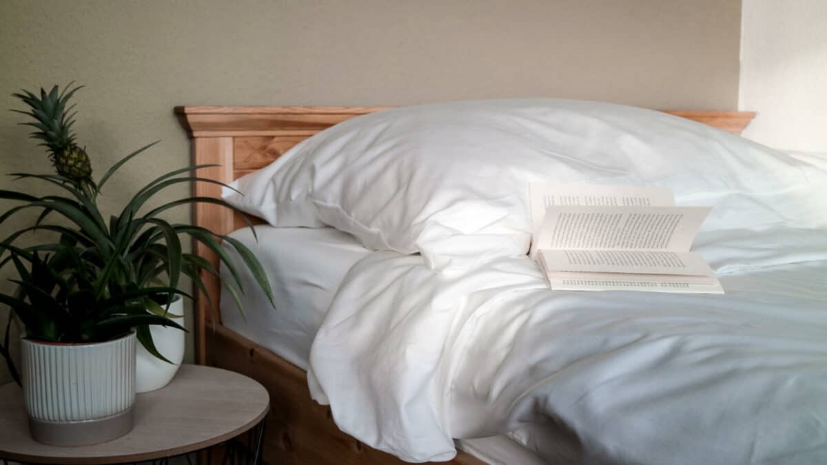 seit1832 nachhaltige Bettwäsche weiß Halbleinen mit Buch auf Bett neben grüner Pflanze