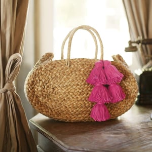 Oval Luna Straw Tote Bag - With Fuschia Pink Tassels