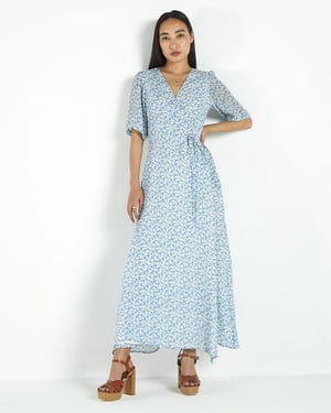 Floral Wrap Dress Blue - Maxi Dress