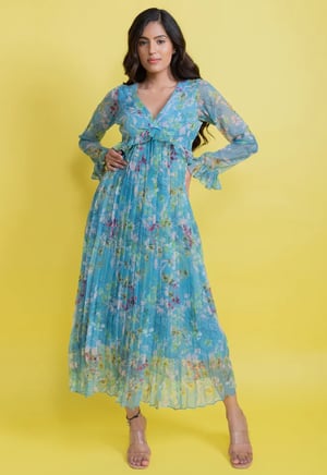 Chiffon Floral Pleated Maxi Dress - Blue
