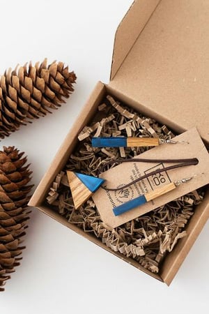 KOKOworld Set: Halskette Wood Triangle Blue + Ohrringe Wood Rectangle Blue