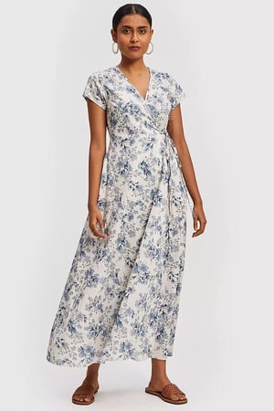 Floral Wrap Dress White Blue - Maxi Dress