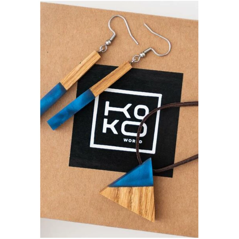 KOKOworld Set: Halskette Wood Triangle Blue + Ohrringe Wood Rectangle Blue