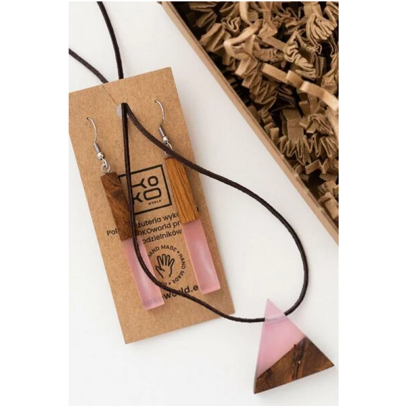 KOKOworld Set: Halskette Wood Triangle Light Pink + Ohrringe Wood Rectangle Light Pink