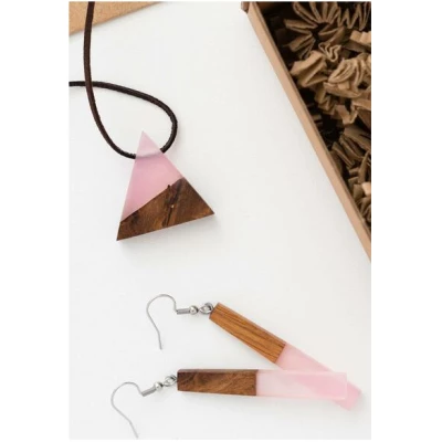 KOKOworld Set: Halskette Wood Triangle Light Pink + Ohrringe Wood Rectangle Light Pink