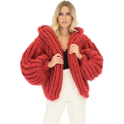 Hooded Chunky Cardigan - Red