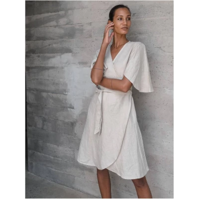 Linen Wrap Dress in Beige - Ayla