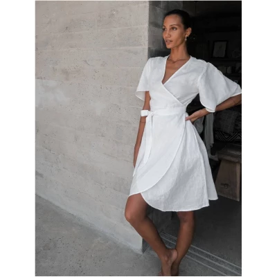 Linen Wrap Dress in White - Ayla
