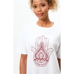 OGNX Soft Boyfriend T-Shirt. Frauen Yoga T-Shirt mit Hamsa Print, weiß Gr. XS-XL, 100% Bio Baumwolle. Nachhaltige Yoga Kleidung