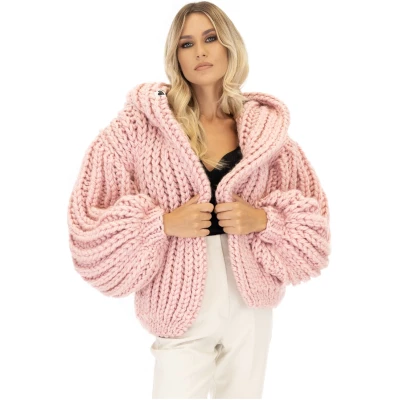 Oversized Hooded Chunky Knit Cardigan - Pink