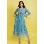 Chiffon Floral Pleated Maxi Dress - Blue