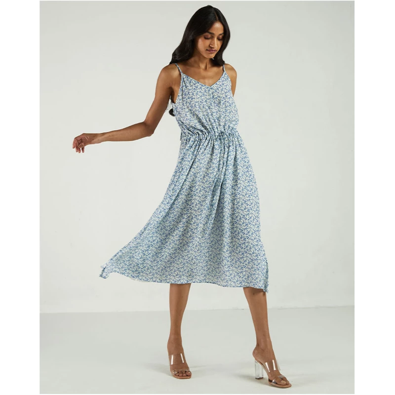 Flowered Dress Blue - Strappy Midi Dress