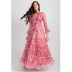 Sheer Floral Pleated Maxi Dress - Pink