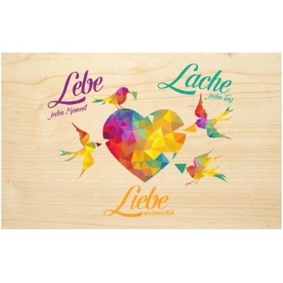 Biodora Bunte Holz-Grußkarte "Lebe Liebe Lache "