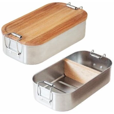 Cameleon Pack XL Edelstahl Lunchbox mit Deckel und Trennsteg aus heimischem Buchen Holz