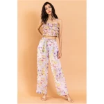 Chiffon Floral Co-Ord Set - Ruffle Crop Top Pants - Blush