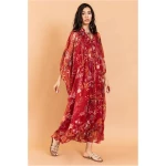 Chiffon Floral Kaftan Maxi Dress - Red