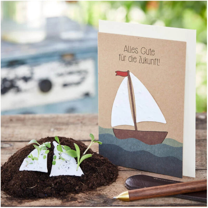 Die Stadtgärtner Grußkarte "Alle Gute" mit Segelboot-Motiv und Blumensamen (DIN A6)
