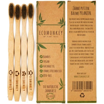 ECOMONKEY Bambus Zahnbürste - Nachhaltig, vegan, weiche Borsten, plastikfrei, 4x