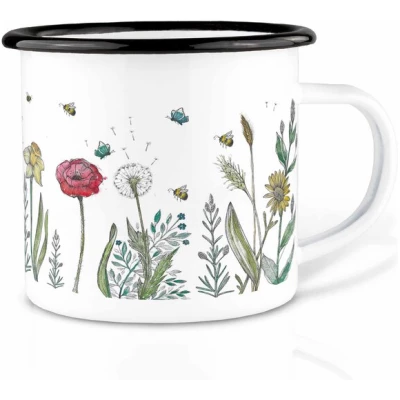 Emailletasse "Blumenwiese" von LIGARTI | 300 oder 500 ml | handveredelt in Deutschland | Cup, Kaffeetasse, Emaillebecher, Camping Becher