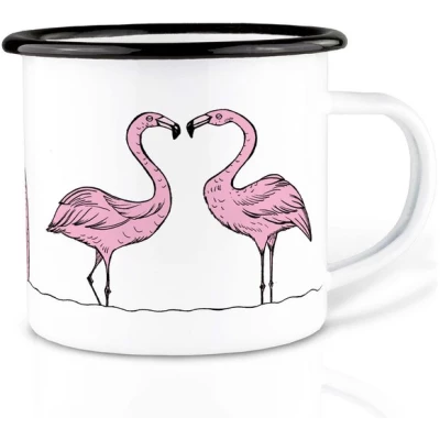 Emailletasse "Flamingoparade" von LIGARTI | 300 oder 500 ml | handveredelt in Deutschland | Cup, Kaffeetasse, Emaillebecher, Camping Becher