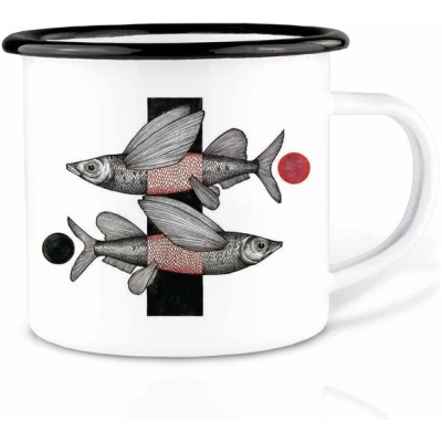 Emailletasse "Fliegende Fische" von LIGARTI | 300 oder 500 ml | handveredelt in Deutschland | Cup, Kaffeetasse, Emaillebecher, Camping Becher