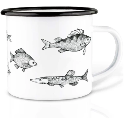 Emailletasse "Süßwasserfische" von LIGARTI | 300 oder 500 ml | handveredelt in Deutschland | Cup, Kaffeetasse, Emaillebecher, Camping Becher
