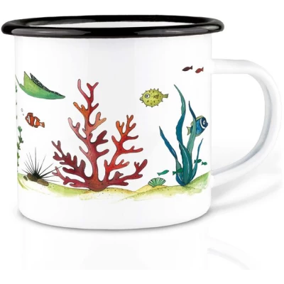 Emailletasse "Unterwasserwelt" von LIGARTI | 300 oder 500 ml | handveredelt in Deutschland | Cup, Kaffeetasse, Emaillebecher, Camping Becher