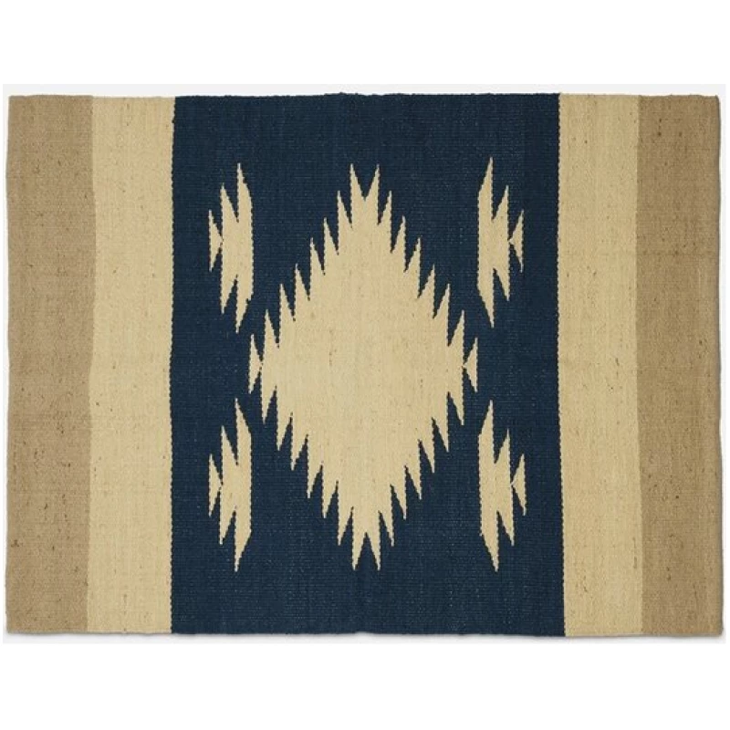 FOLKDAYS Teppich aus Jute mit Zacken-Muster // Beige-Braun-Blau