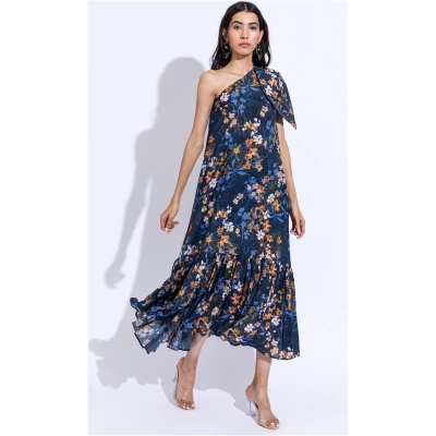 Floral Maxi Dress One-Shoulder - Dark Blue