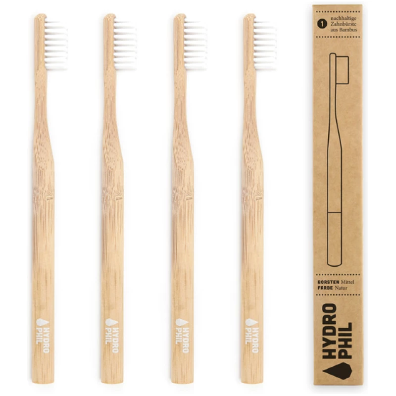 HYDROPHIL Zahnbürste aus Bambus | 4erPack | mittelweich | natur