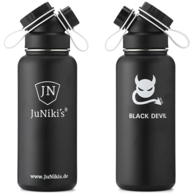 JN JuNiki's Exklusive JuNiki's Trinkflasche XL aus Edelstahl Vakuum-isoliert 1L/32oz - limitierte Sonderedition "Black Devil"