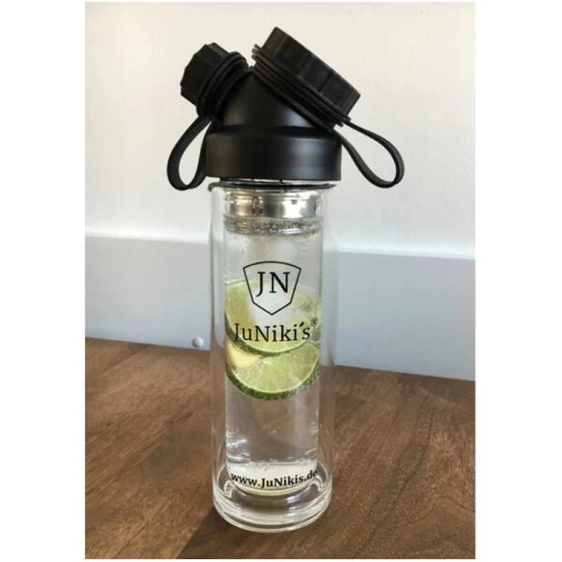 JN JuNiki's Geschenk-Set: JuNiki's® Lunchbox + doppelwandige Glasflasche mit Trinköffnung und Edelstahl-Teefilter und Wollfilzhülle - ideal für die Teepause