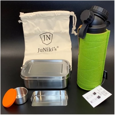 JN JuNiki's Geschenk-Set: JuNiki's® Lunchbox + doppelwandige Glasflasche mit Trinköffnung und Edelstahl-Teefilter und Wollfilzhülle - ideal für die Teepause