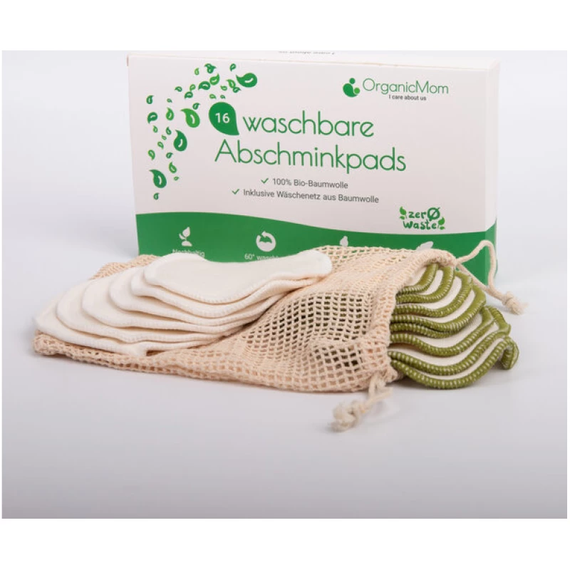 OrganicMom® 16 Bio-Baumwolle Abschminkpads waschbar in natur + grün inkl. Baumwollbeutel