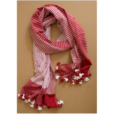 Raani Rot Weißer Schal aus Bio Baumwolle