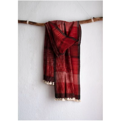 Raani Roter Schal aus Bio-Baumwolle mit Bommeln