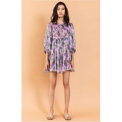 Sheer Floral Short Dress Long Sleeves - Lilac