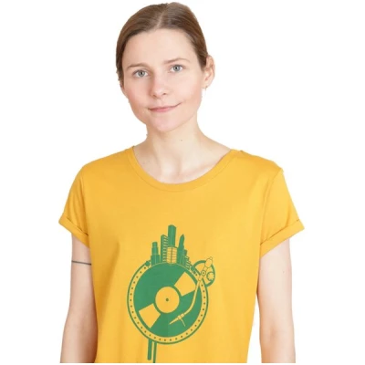 Spangeltangel Damenshirt "Weltscheibe", ocker, T-Shirt, Siebdruck