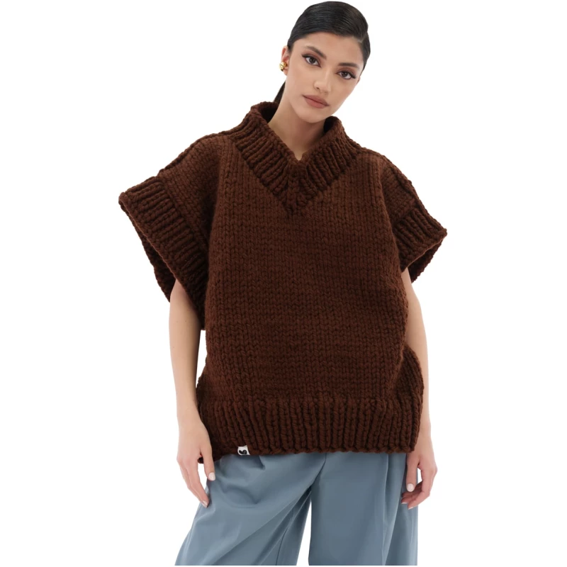 V-neck Poncho Sweater - Brown