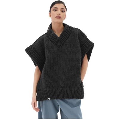V-neck Poncho Sweater - Dark Grey
