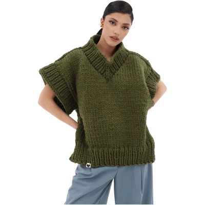 V-neck Poncho Sweater - Khaki