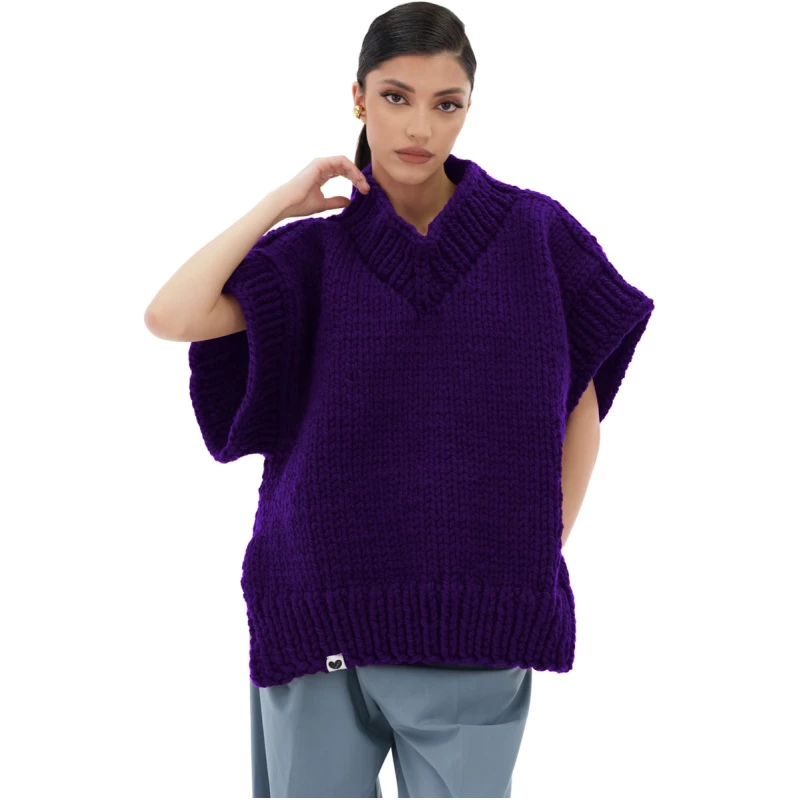 V-neck Poncho Sweater - Purple