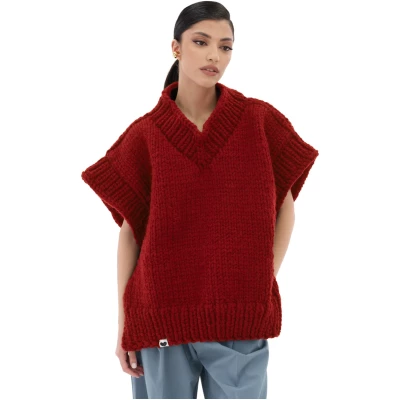 V-neck Poncho Sweater - Red