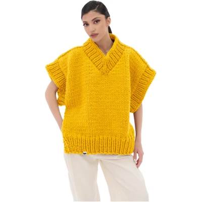 V-neck Poncho Sweater - Yellow