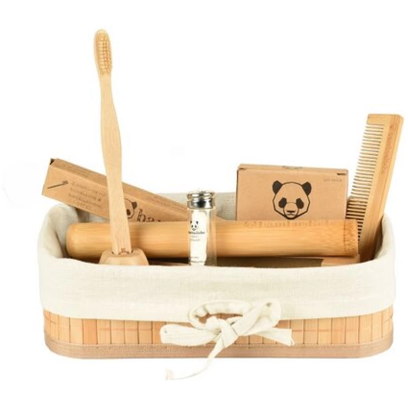 bambusliebe - Bambus Hygiene Set - mit Zahnbürste, Wattestäbchen, Zahnseide, Etui, Kamm & Zahnbürstenhalter