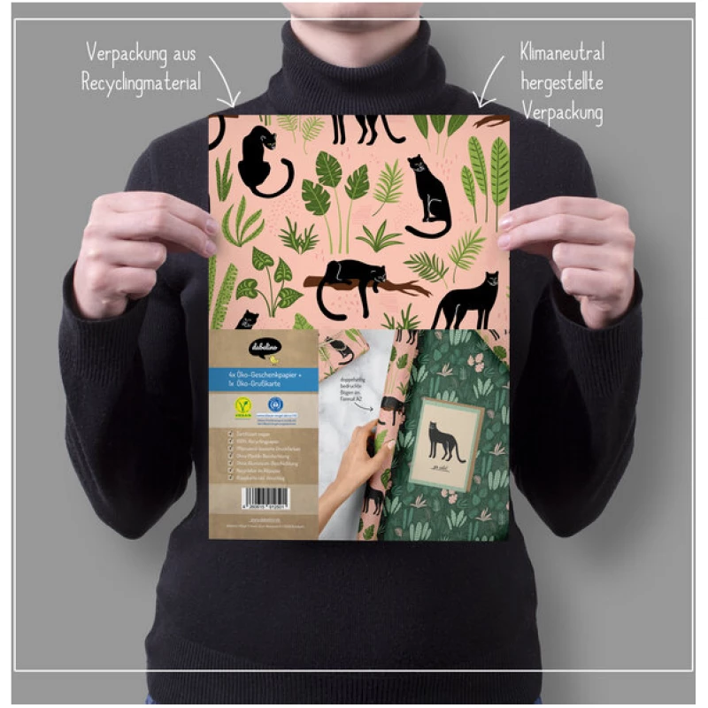 dabelino Veganes Geschenkpapier Set "Panther/tropisch": 4x Bögen + 1x Grußkarte (V-Label zertifiziert, Blauer Engel, Recyclingpapier)