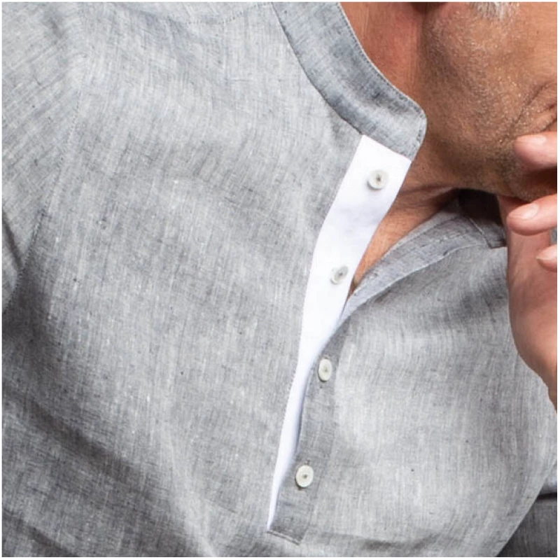 nahtur-design Leinenhemd mit Stehkragen und kurzer Knopfleiste 100% Bioleinen, blaugrau
